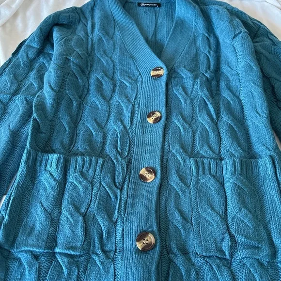 Cable Knit Long Cardigan Sweater Pretty Garden Teal - Picture 3 of 5